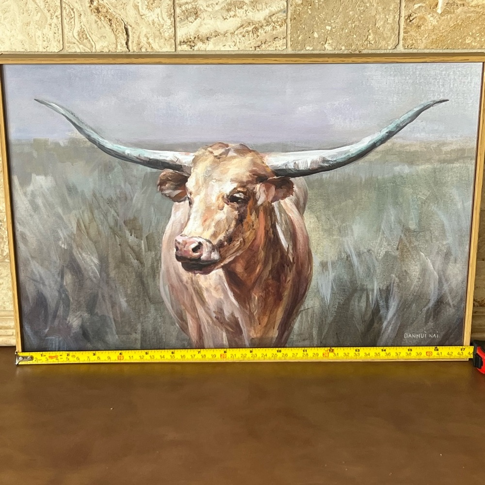 Longhorn Cattle Art Print - Brown and Gray with light tan frame ; New